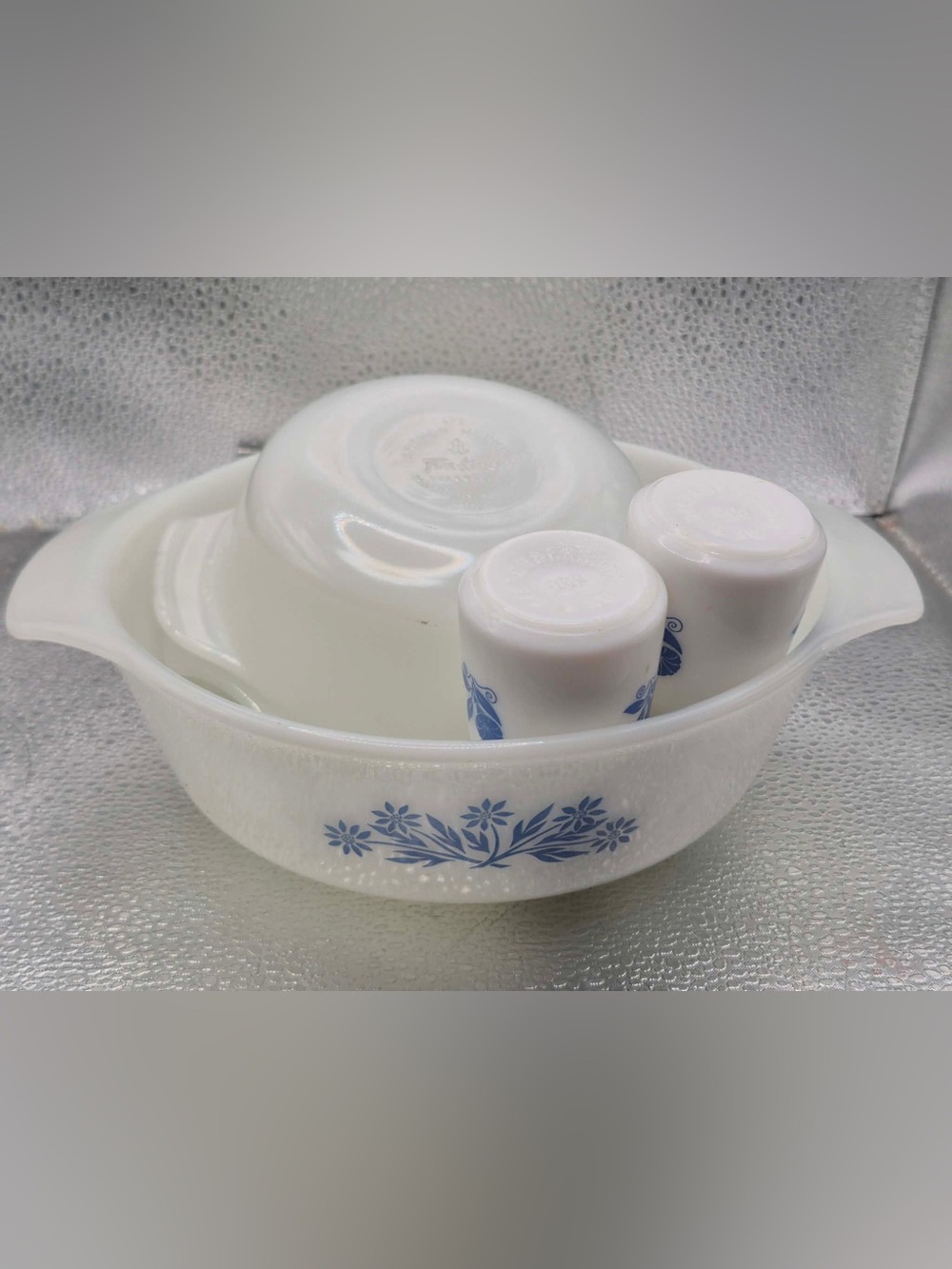 Fire King Blue Cornflower Vintage Mini Milk Glass Casserole Dish Set w/ Shakers - Picture 14 of 16